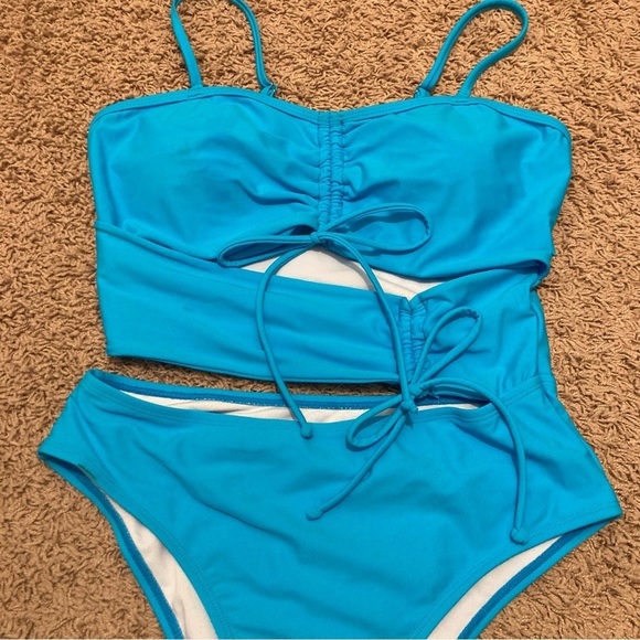 Swim Suit Blue One Piece with Cutouts Women’s Large Turquoise Bathing Suit - Picture 2 of 8